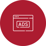 Mídia paga — ícone de anúncios em navegador com texto “ADS”, representando campanhas de mídia.