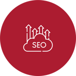 Ícone de SEO em círculo vermelho com nuvem e setas para cima, simbolizando crescimento orgânico.